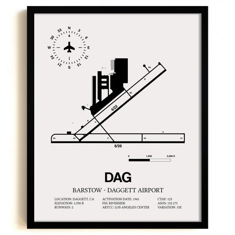 Framed Detailed Airport Map of Barstow-Daggett Airport (DAG) in White with a Black Frame