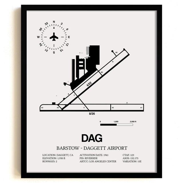 Framed Detailed Airport Map of Barstow-Daggett Airport (DAG) in White with a Black Frame