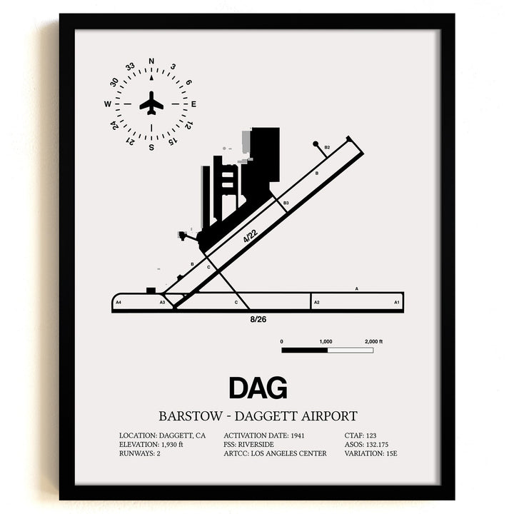 Framed Detailed Airport Map of Barstow-Daggett Airport (DAG) in White with a Black Frame