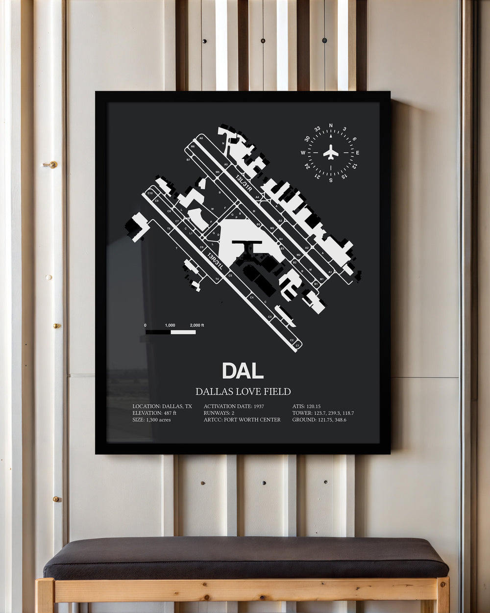 Framed Detailed Airport Map of Dallas Love Field (DAL) in Gray with a Black Frame