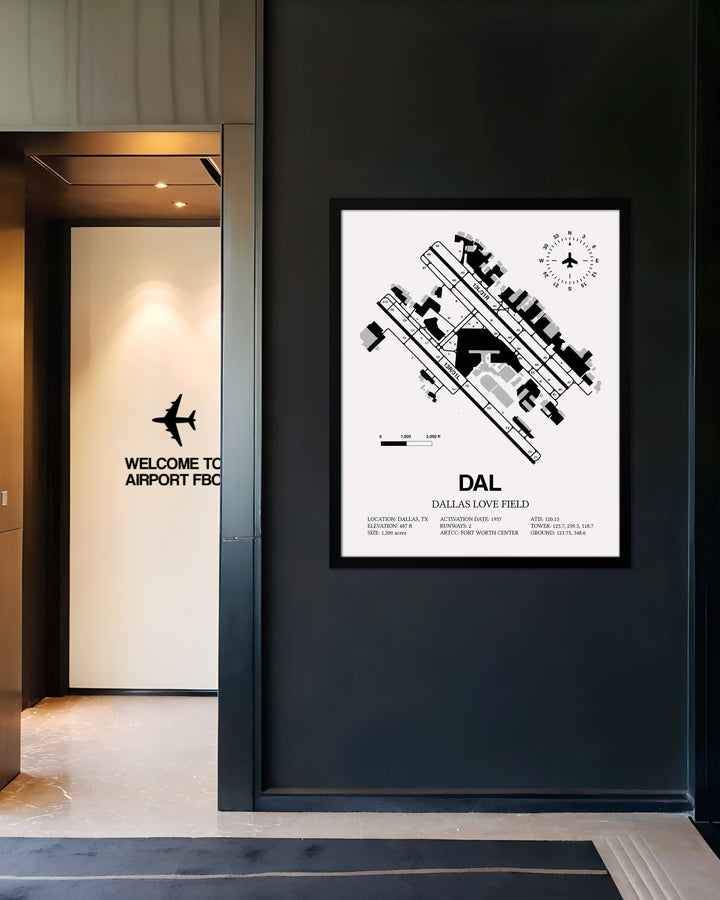 Framed Detailed Airport Map of Dallas Love Field (DAL) in White with a Black Frame