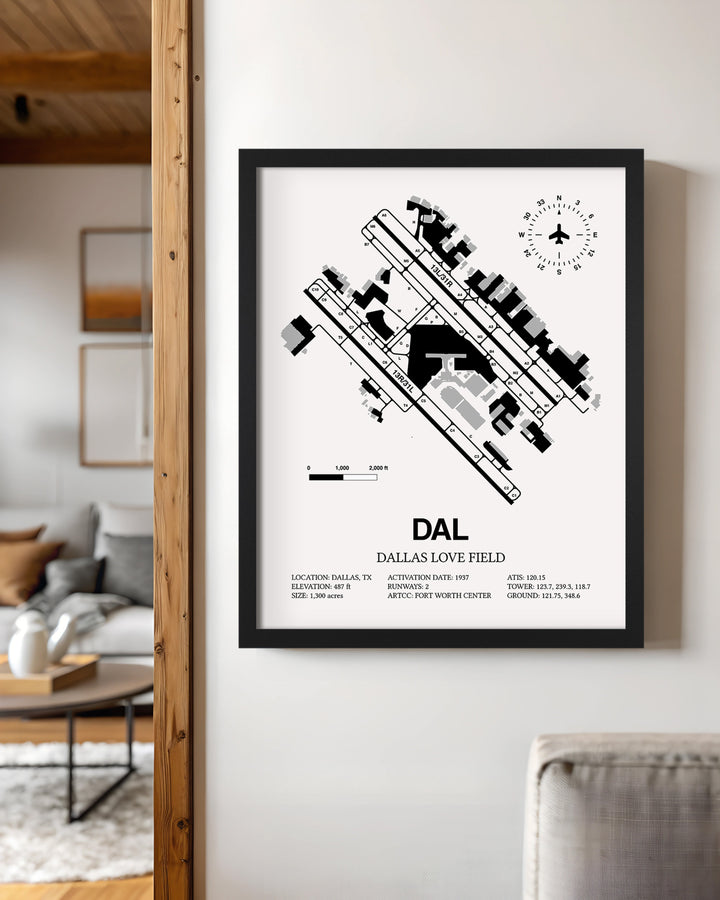 Framed Detailed Airport Map of Dallas Love Field (DAL) in White with a Black Frame