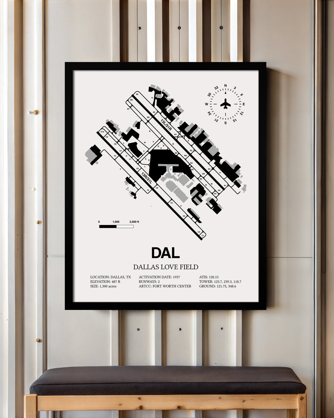 Framed Detailed Airport Map of Dallas Love Field (DAL) in White with a Black Frame