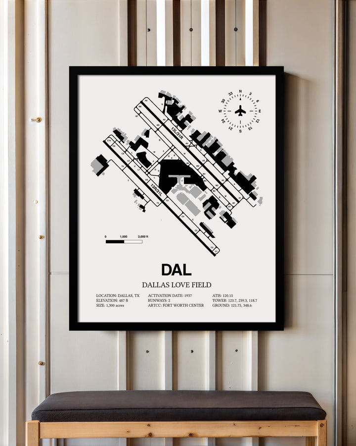Framed Detailed Airport Map of Dallas Love Field (DAL) in White with a Black Frame