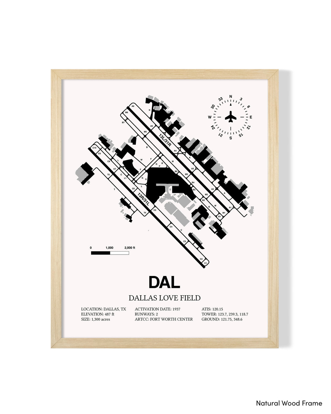 Detailed Airport Map of Dallas Love Field (DAL) in White with a Natural Frame