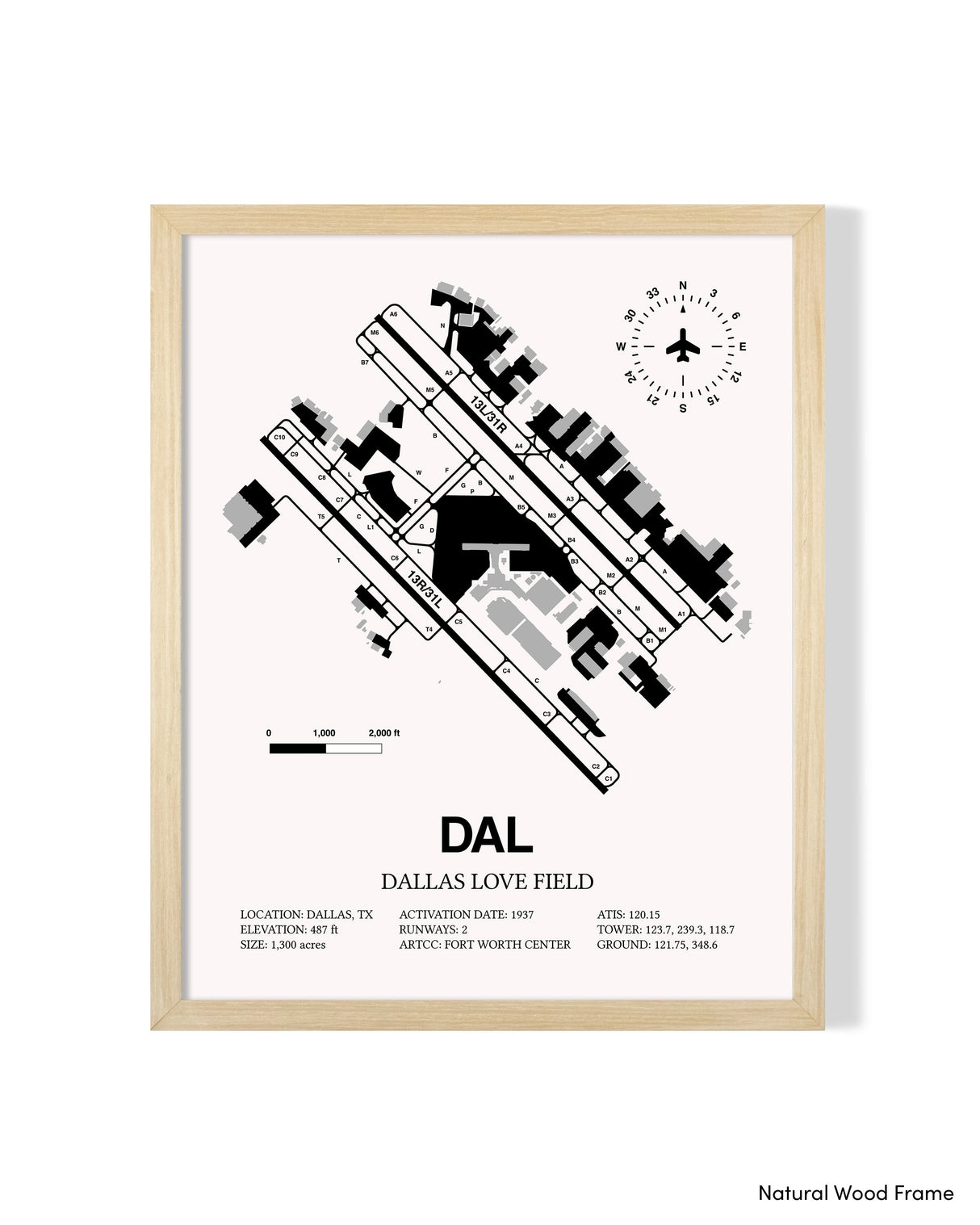 Detailed Airport Map of Dallas Love Field (DAL) in White with a Natural Frame
