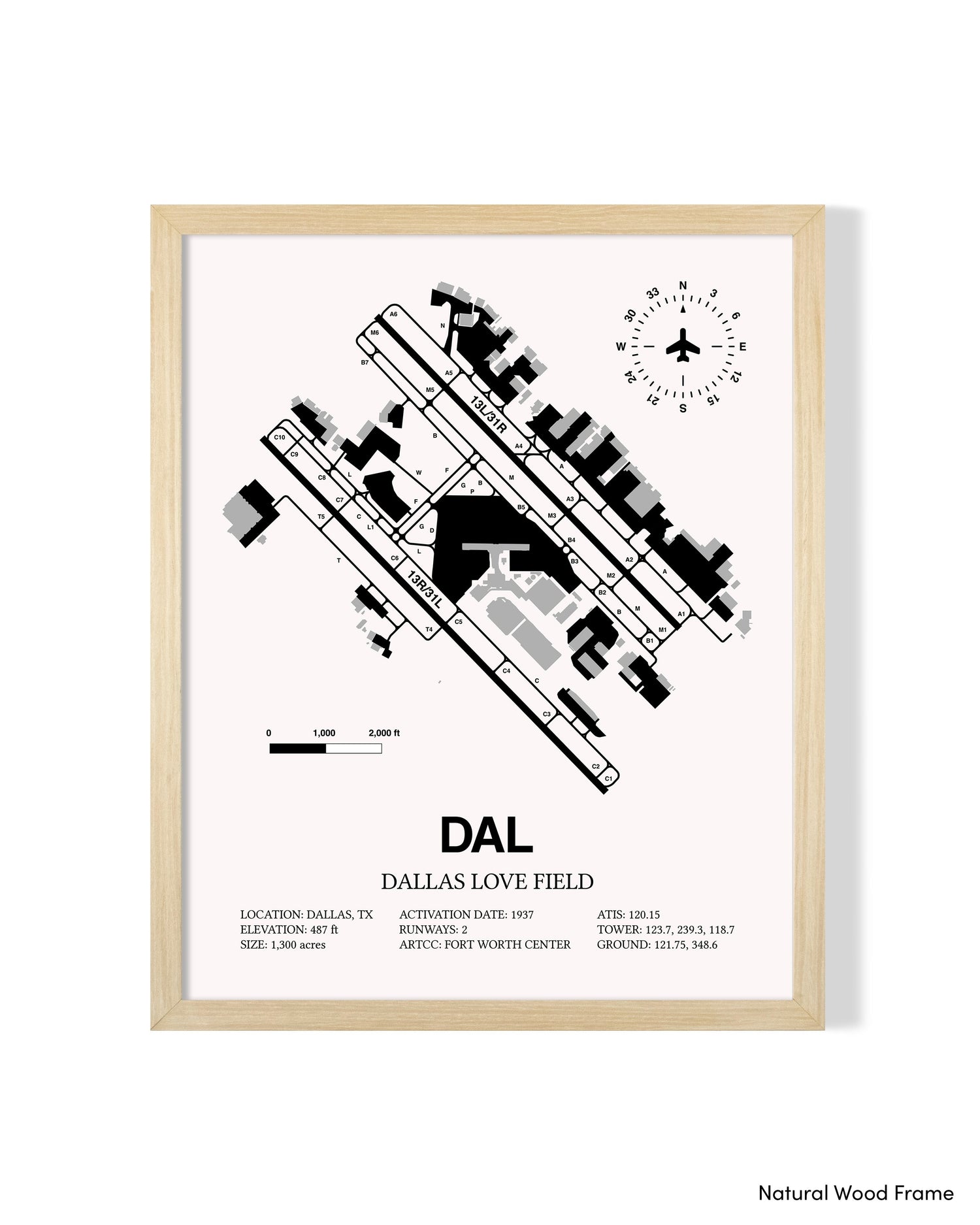 Detailed Airport Map of Dallas Love Field (DAL) in White with a Natural Frame