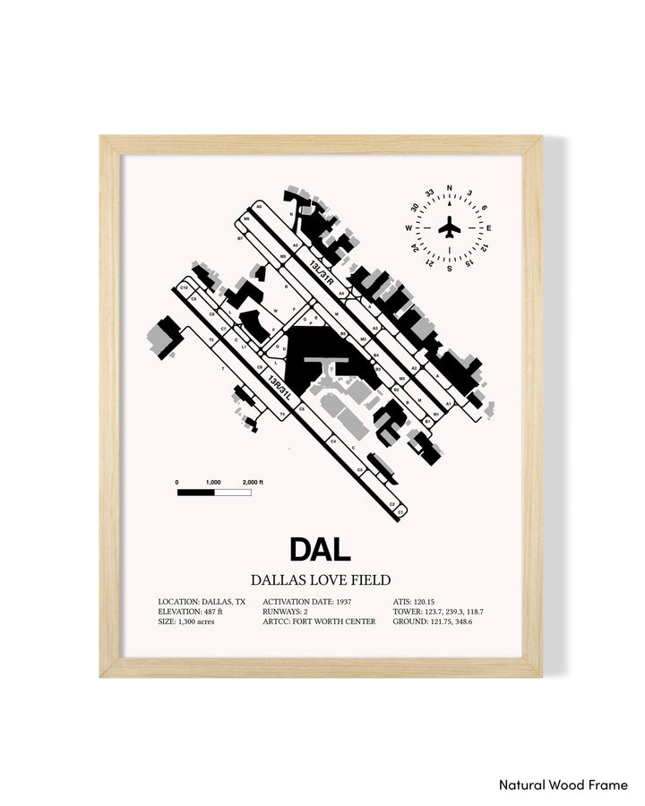 Detailed Airport Map of Dallas Love Field (DAL) in White with a Natural Frame