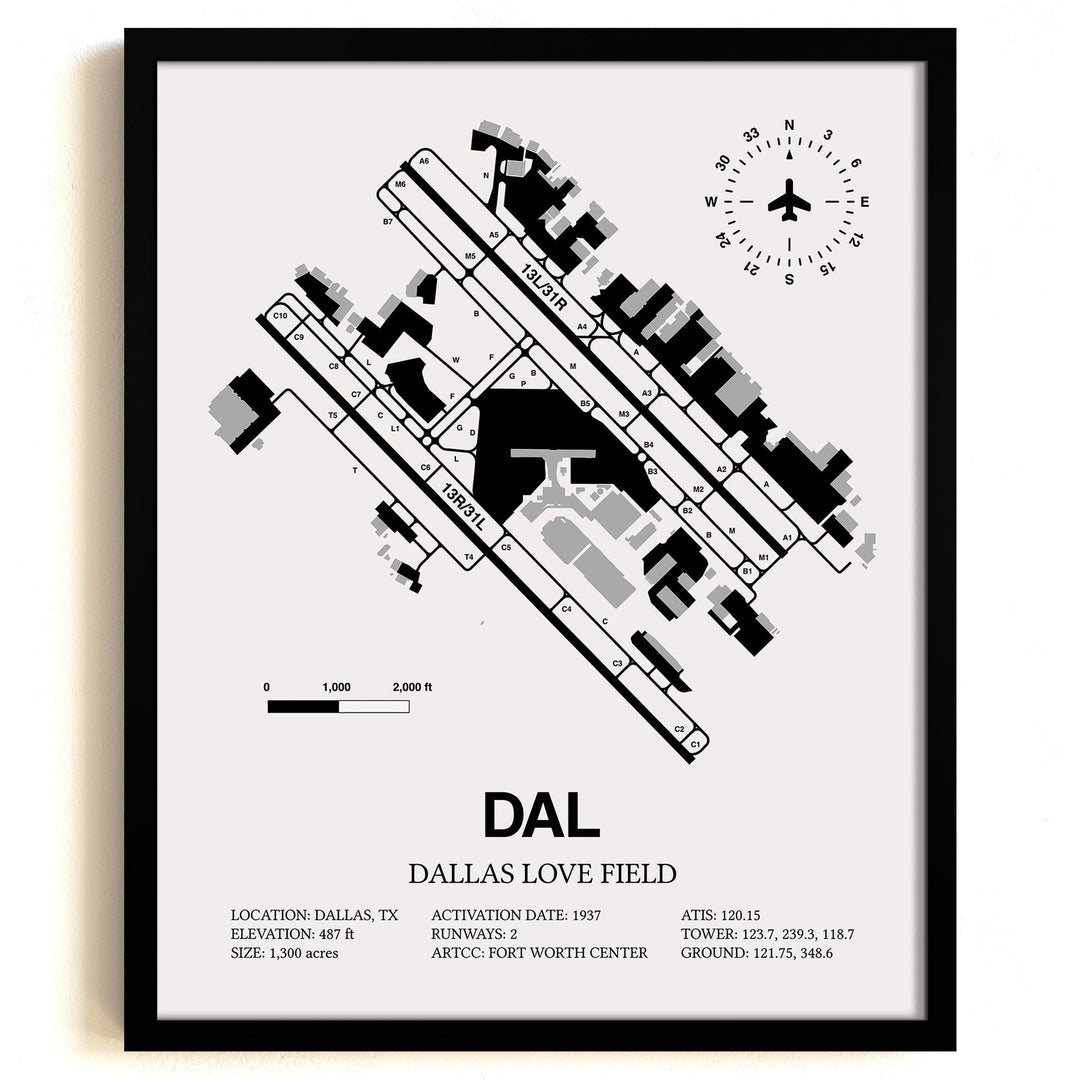 Framed Detailed Airport Map of Dallas Love Field (DAL) in White with a Black Frame