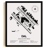 Framed Detailed Airport Map of Dallas Love Field (DAL) in White with a Black Frame