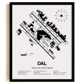 Framed Detailed Airport Map of Dallas Love Field (DAL) in White with a Black Frame