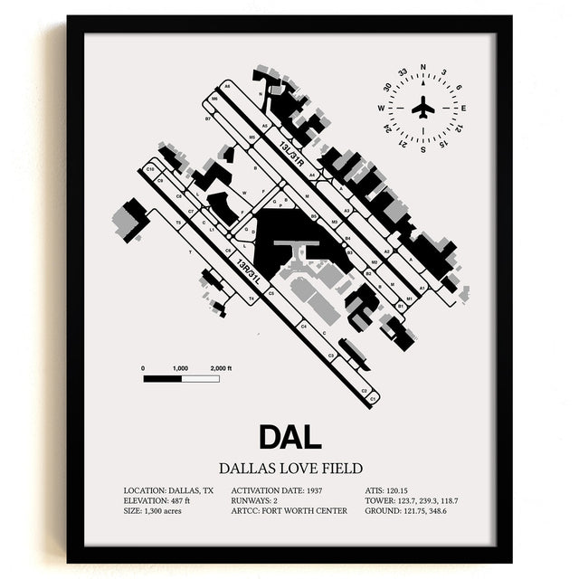 Framed Detailed Airport Map of Dallas Love Field (DAL) in White with a Black Frame