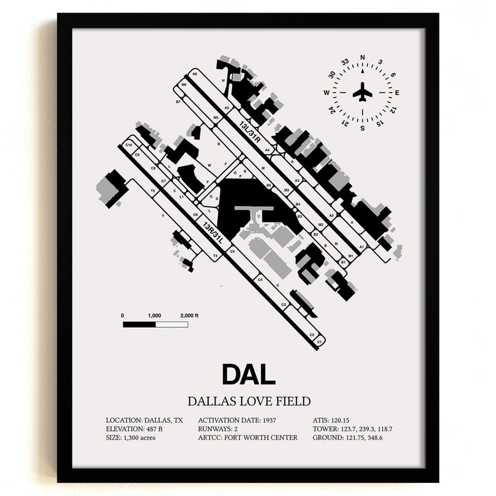 Framed Detailed Airport Map of Dallas Love Field (DAL) in White with a Black Frame