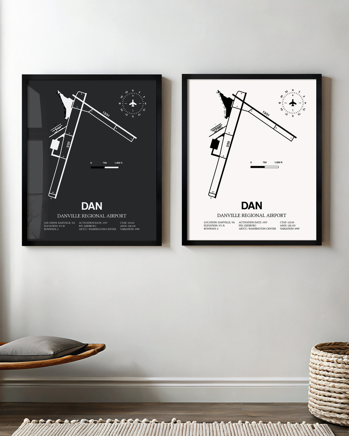Framed Detailed Airport Map of Danville Regional Airport (DAN) in White and Gray
