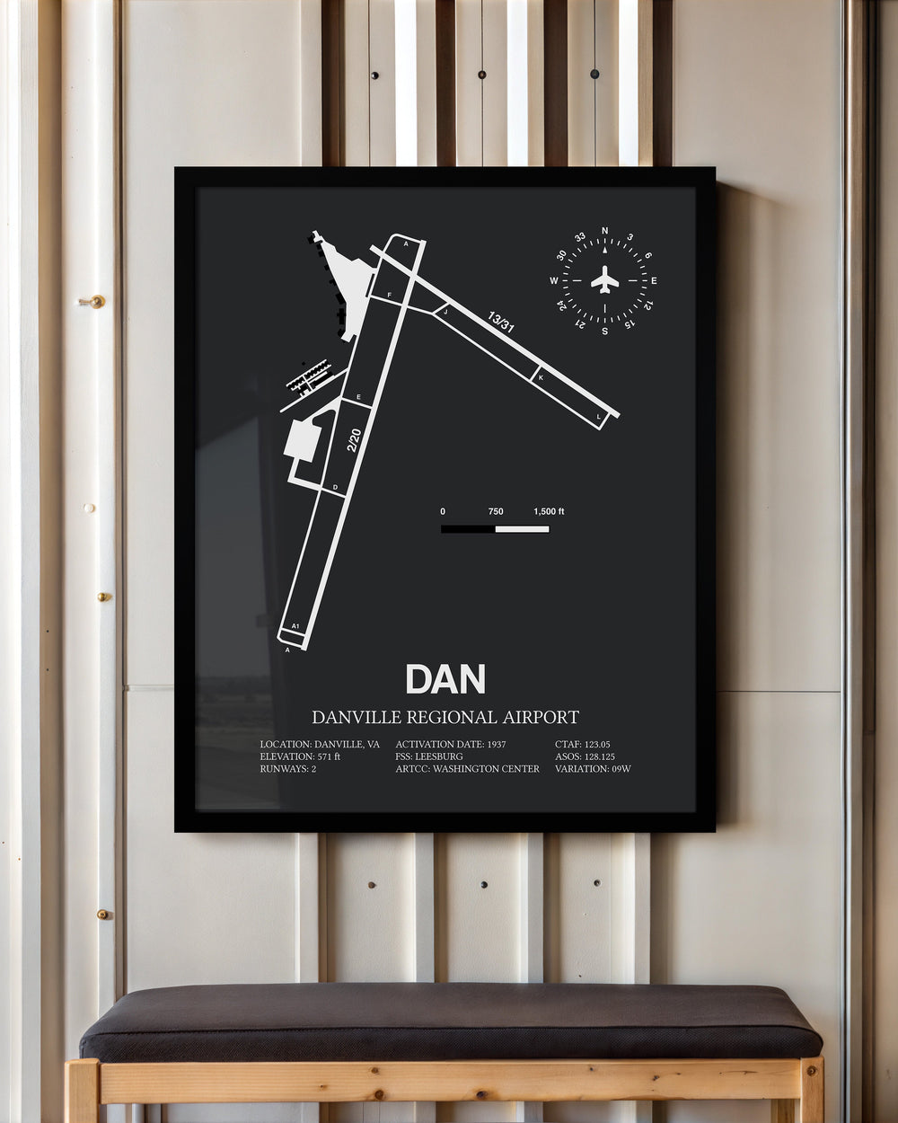 Framed Detailed Airport Map of Danville Regional Airport (DAN) in Gray with a Black Frame