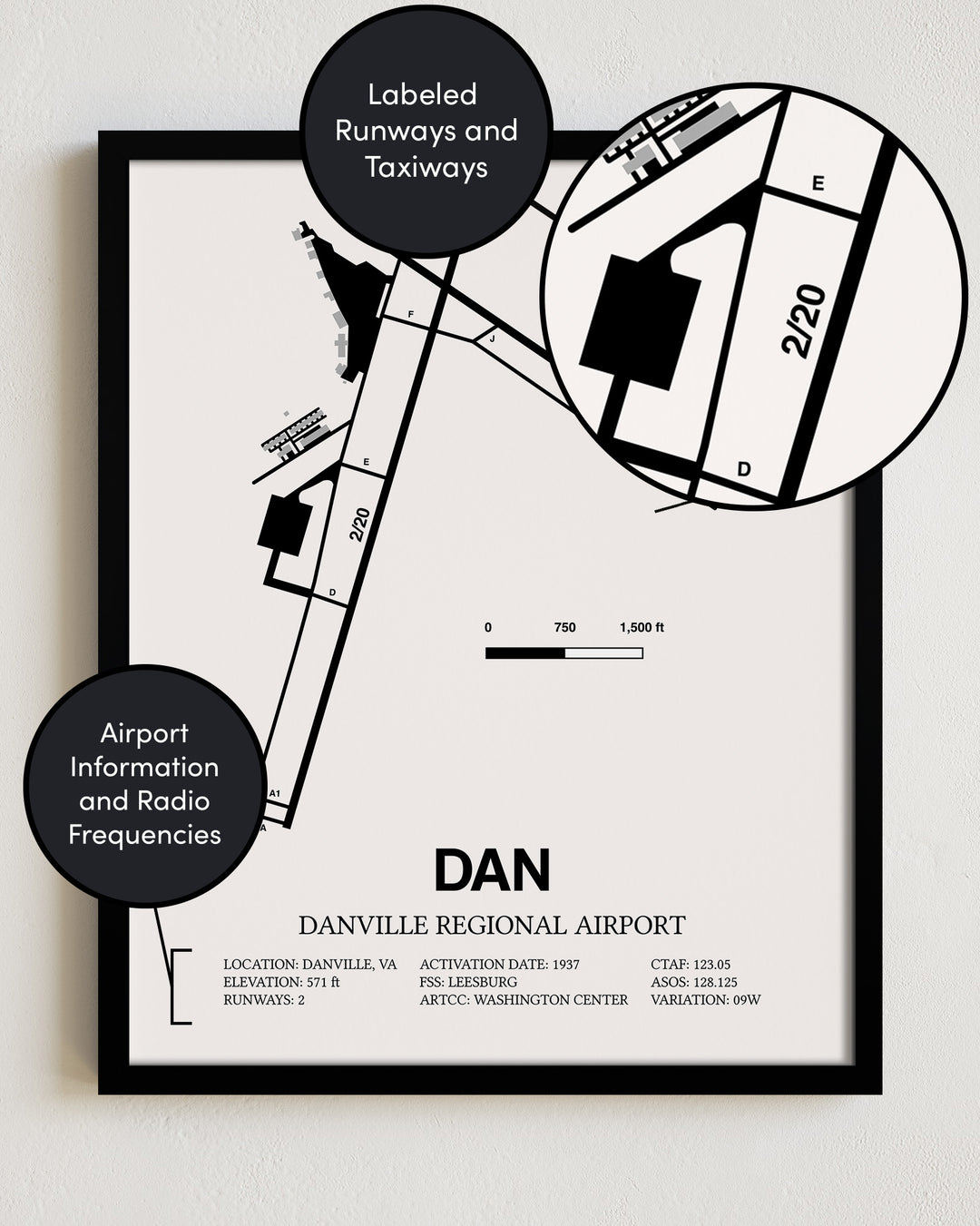 Framed Detailed Airport Map of Danville Regional Airport (DAN) in White with a Black Frame