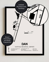 Framed Detailed Airport Map of Danville Regional Airport (DAN) in White with a Black Frame