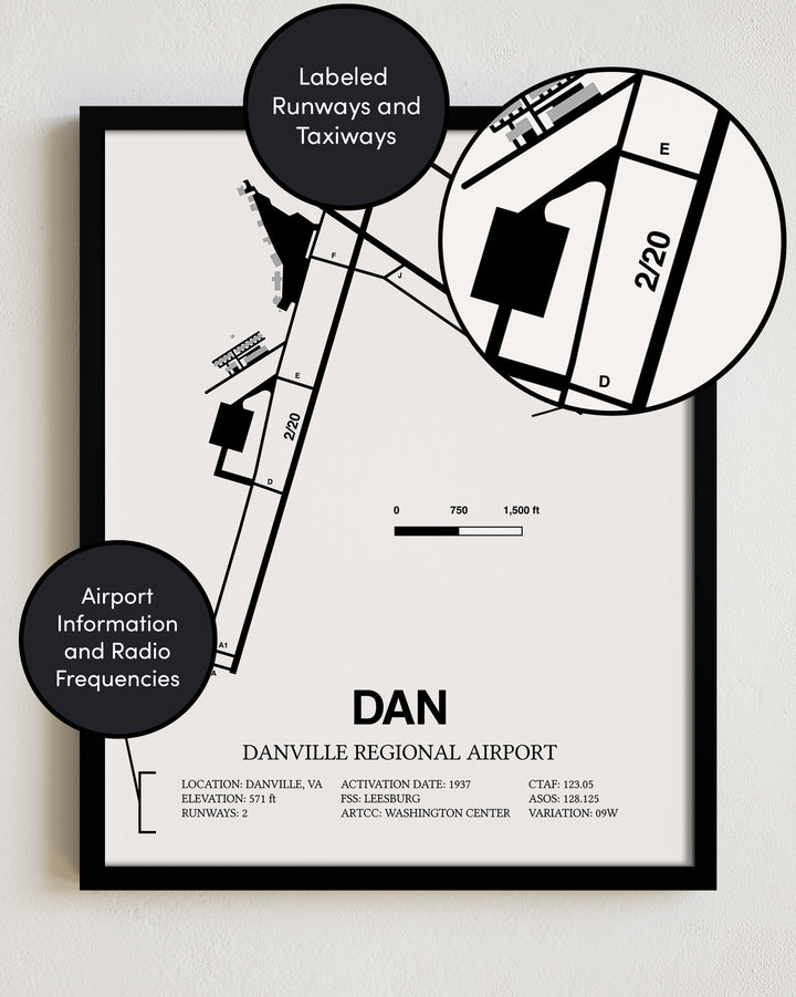 Framed Detailed Airport Map of Danville Regional Airport (DAN) in White with a Black Frame