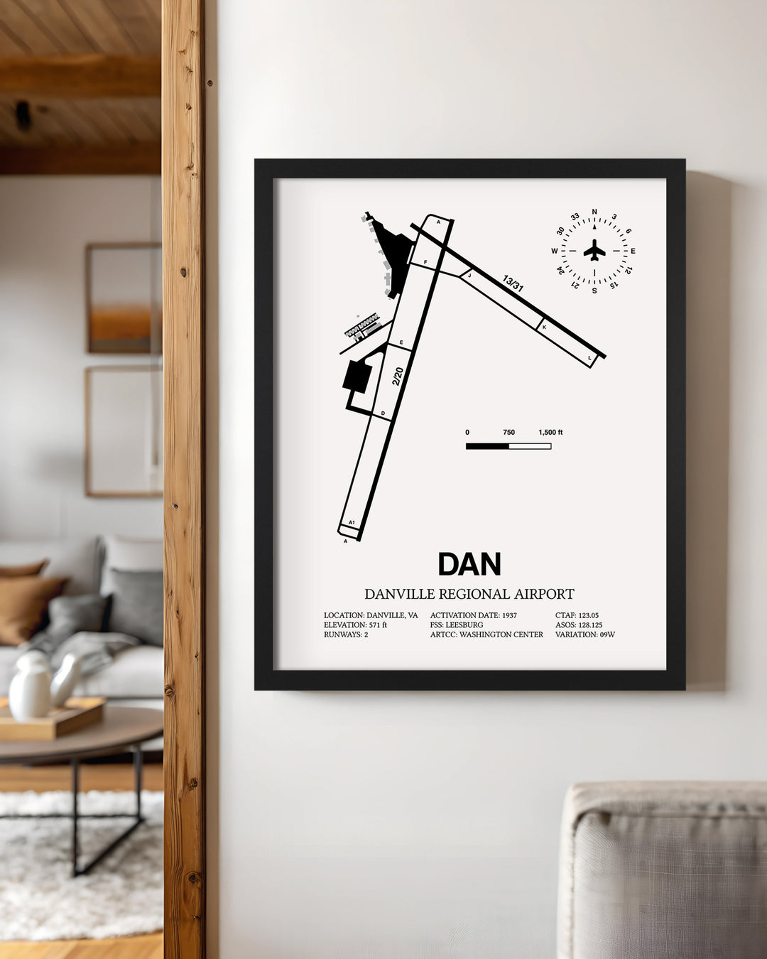 Framed Detailed Airport Map of Danville Regional Airport (DAN) in White with a Black Frame