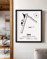 Framed Detailed Airport Map of Danville Regional Airport (DAN) in White with a Black Frame