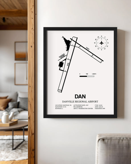 Framed Detailed Airport Map of Danville Regional Airport (DAN) in White with a Black Frame
