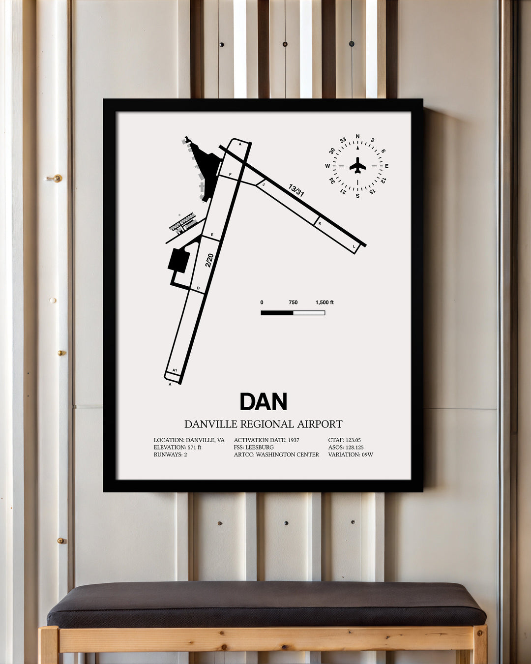 Framed Detailed Airport Map of Danville Regional Airport (DAN) in White with a Black Frame