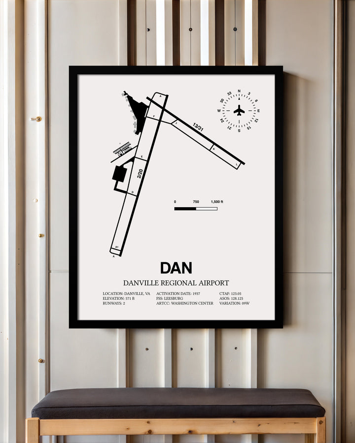 Framed Detailed Airport Map of Danville Regional Airport (DAN) in White with a Black Frame