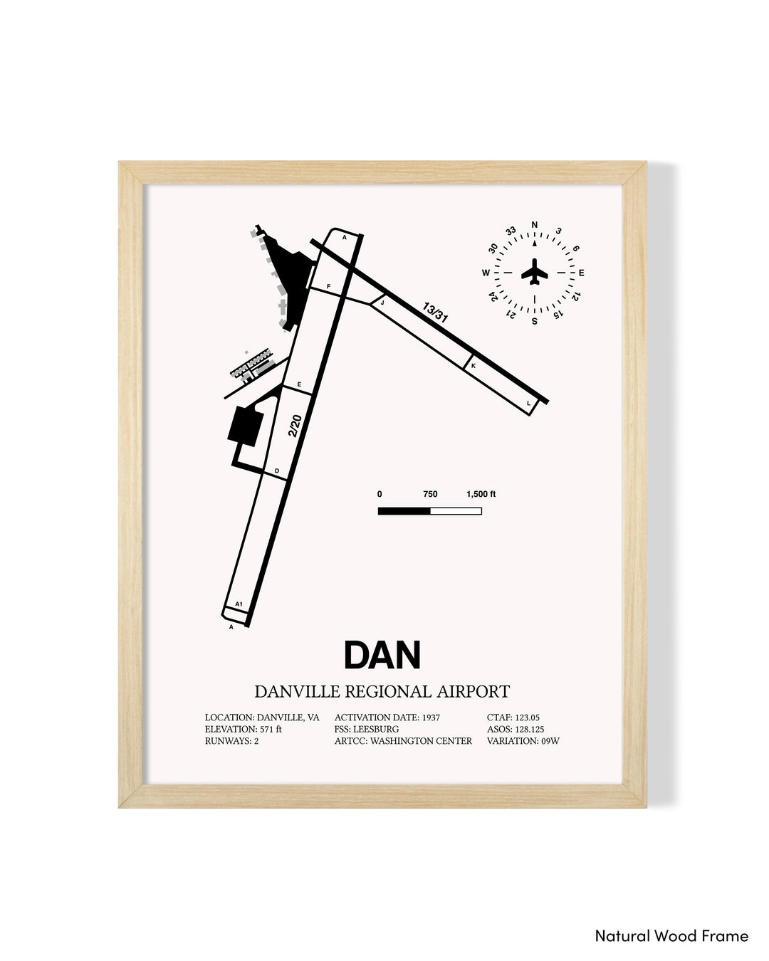 Detailed Airport Map of Danville Regional Airport (DAN) in White with a Natural Frame