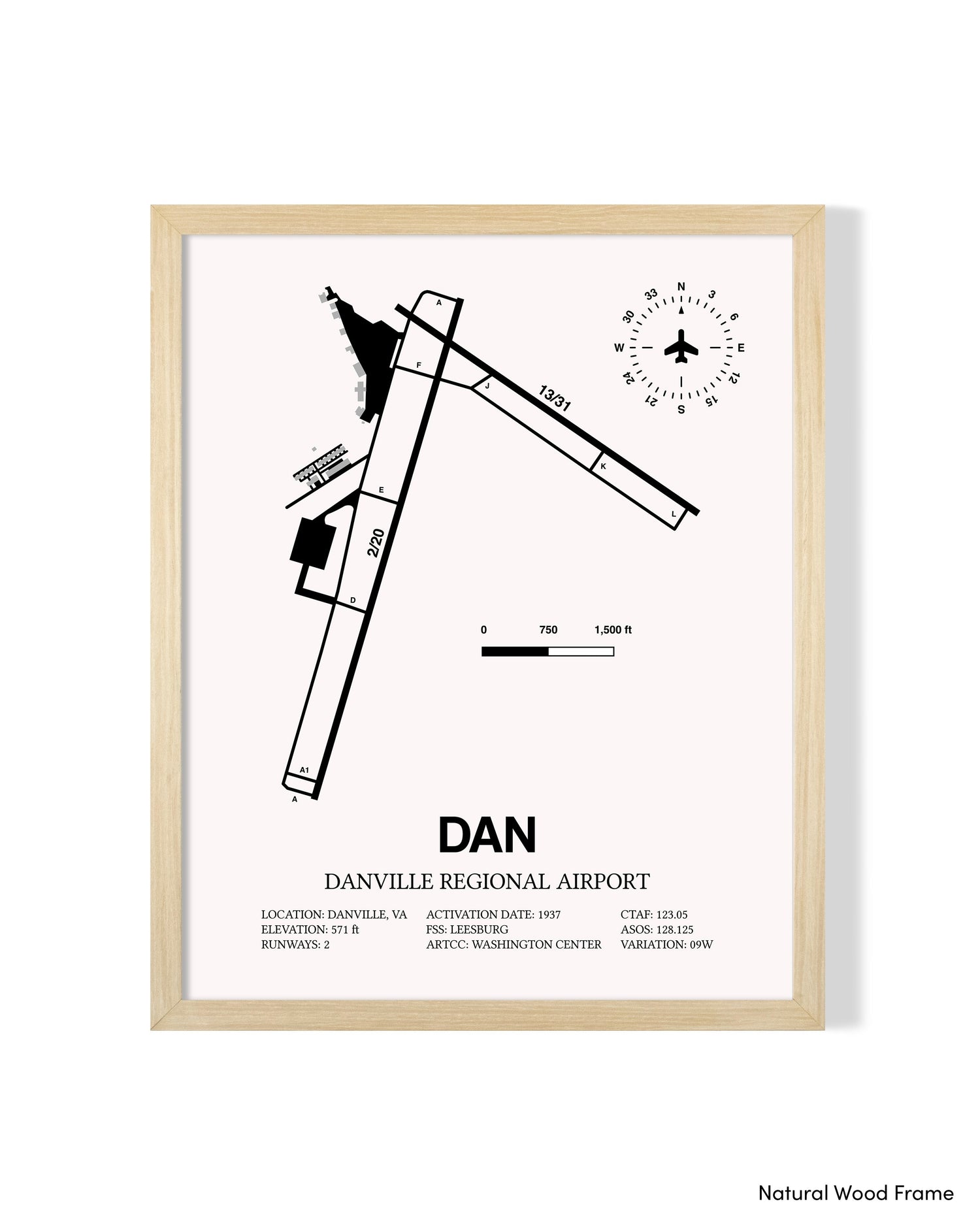 Detailed Airport Map of Danville Regional Airport (DAN) in White with a Natural Frame