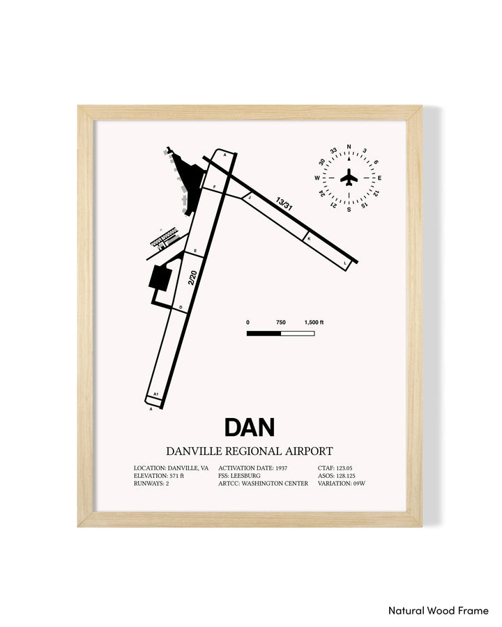 Detailed Airport Map of Danville Regional Airport (DAN) in White with a Natural Frame
