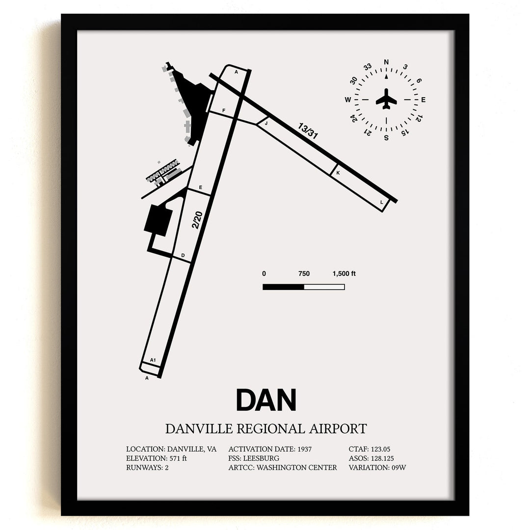Framed Detailed Airport Map of Danville Regional Airport (DAN) in White with a Black Frame