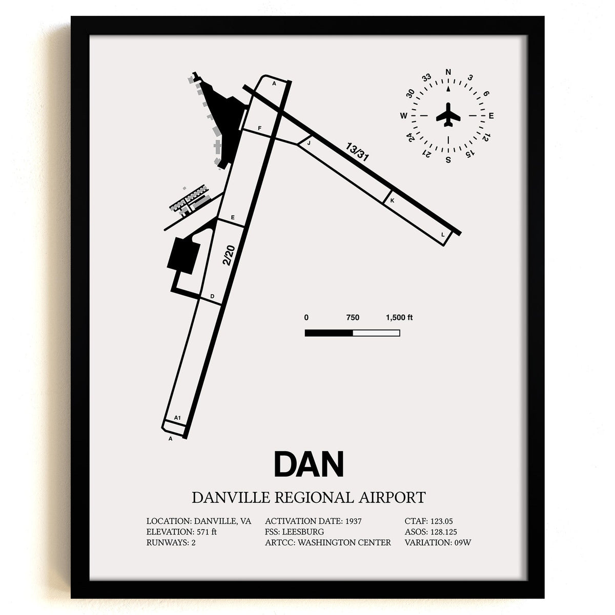 Framed Detailed Airport Map of Danville Regional Airport (DAN) in White with a Black Frame