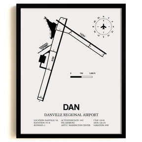 Framed Detailed Airport Map of Danville Regional Airport (DAN) in White with a Black Frame