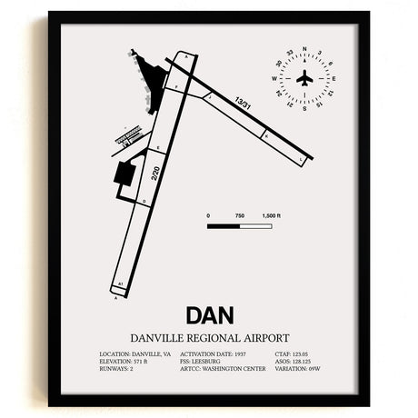 Framed Detailed Airport Map of Danville Regional Airport (DAN) in White with a Black Frame