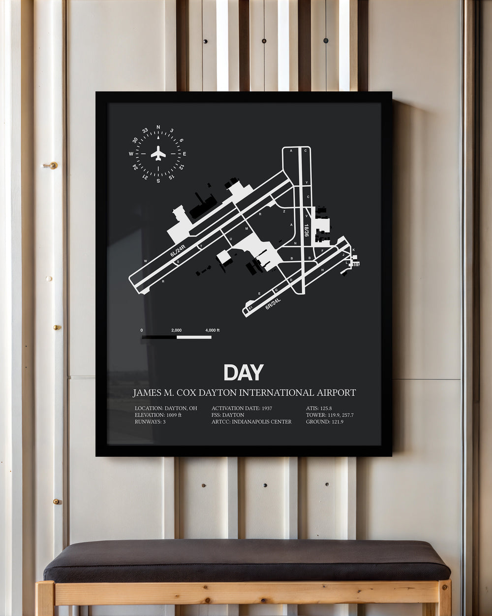 Framed Detailed Airport Map of James M. Cox Dayton International Airport (DAY) in Gray with a Black Frame
