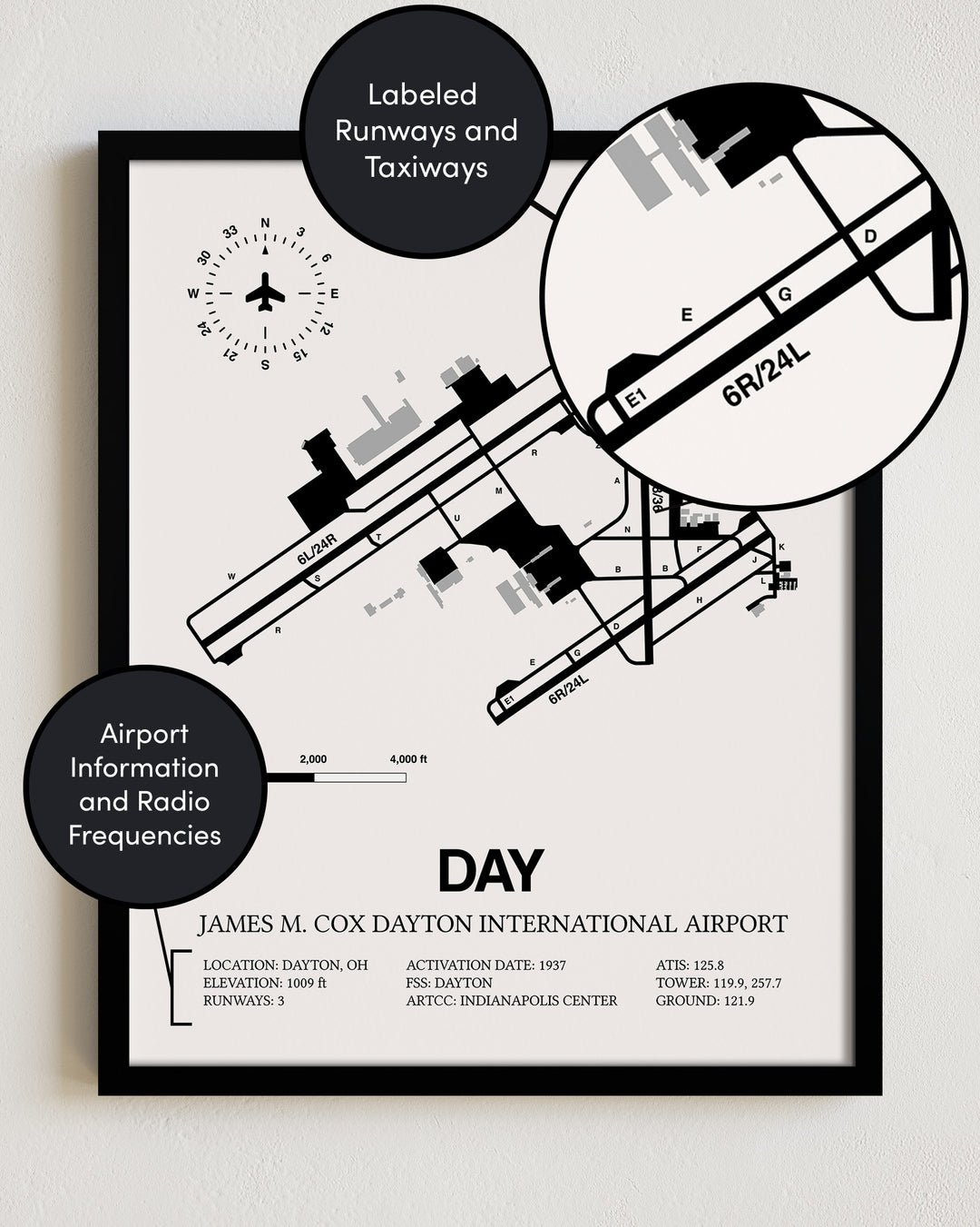 Framed Detailed Airport Map of James M. Cox Dayton International Airport (DAY) in White with a Black Frame