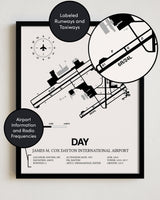 Framed Detailed Airport Map of James M. Cox Dayton International Airport (DAY) in White with a Black Frame