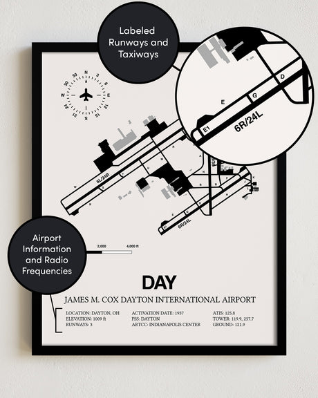 Framed Detailed Airport Map of James M. Cox Dayton International Airport (DAY) in White with a Black Frame