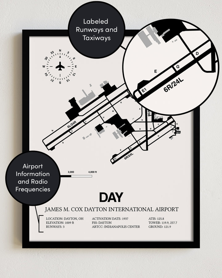 Framed Detailed Airport Map of James M. Cox Dayton International Airport (DAY) in White with a Black Frame