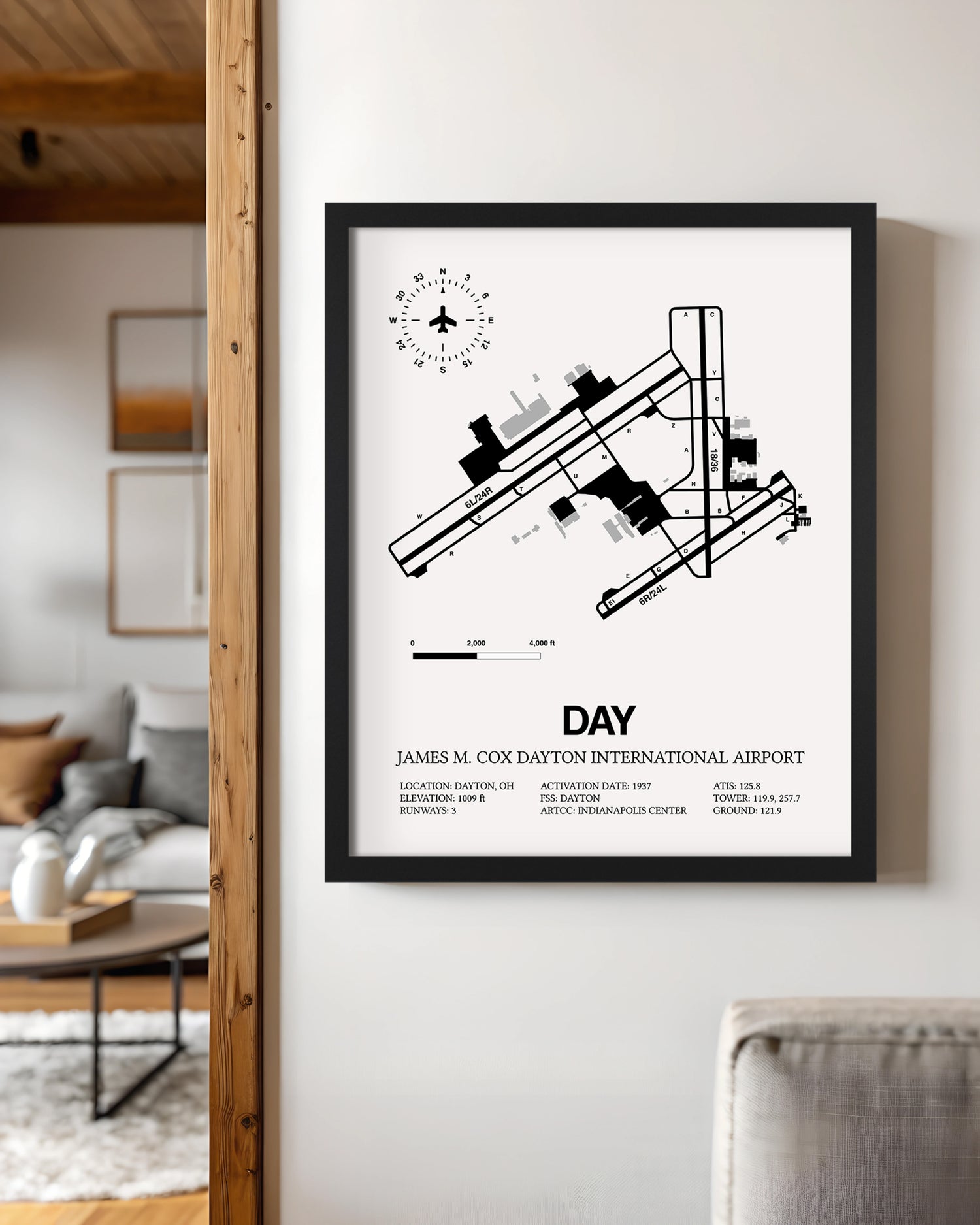 Framed Detailed Airport Map of James M. Cox Dayton International Airport (DAY) in White with a Black Frame