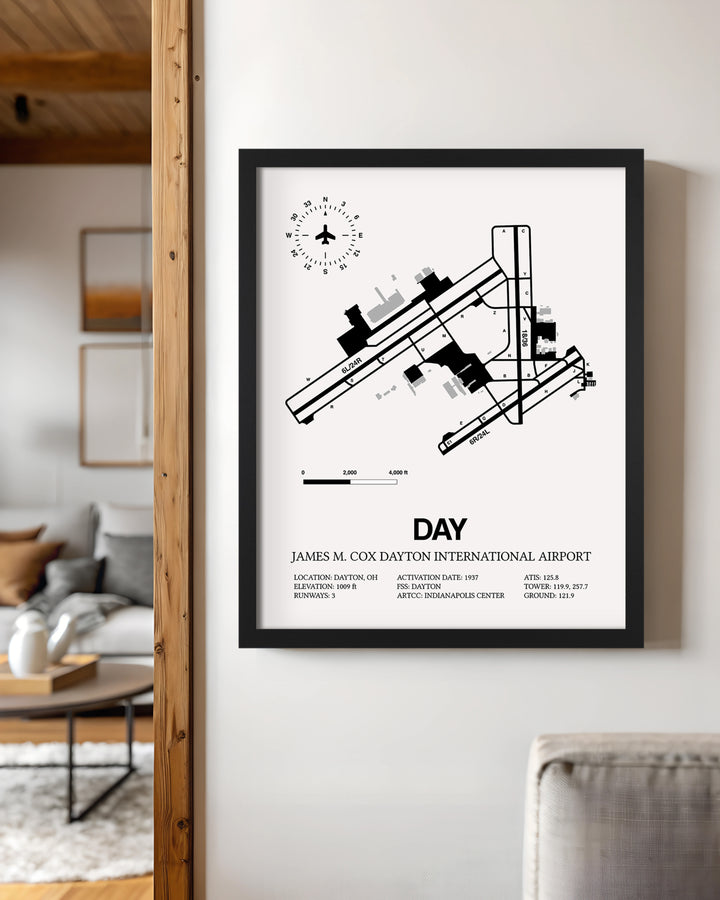 Framed Detailed Airport Map of James M. Cox Dayton International Airport (DAY) in White with a Black Frame