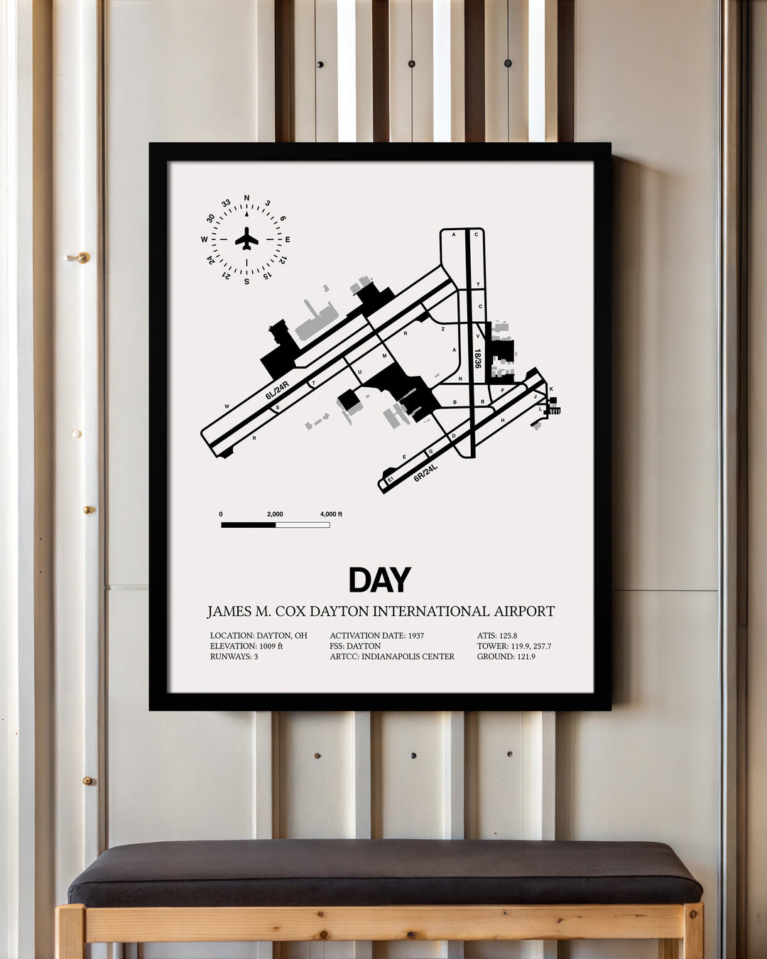 Framed Detailed Airport Map of James M. Cox Dayton International Airport (DAY) in White with a Black Frame