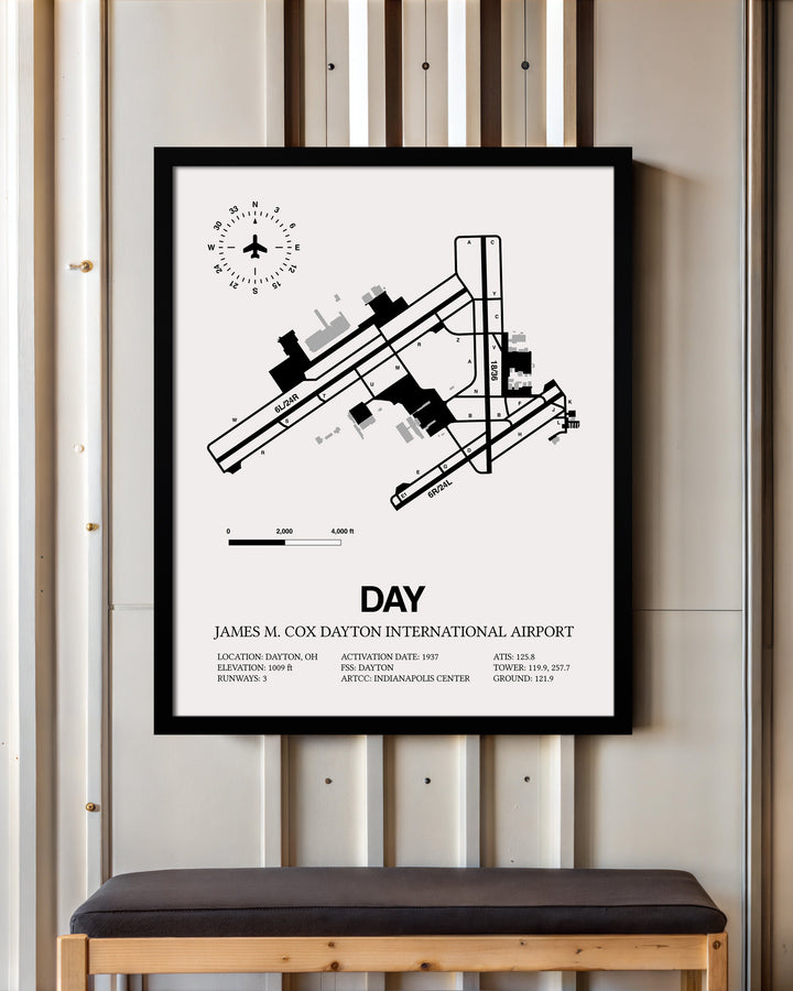 Framed Detailed Airport Map of James M. Cox Dayton International Airport (DAY) in White with a Black Frame