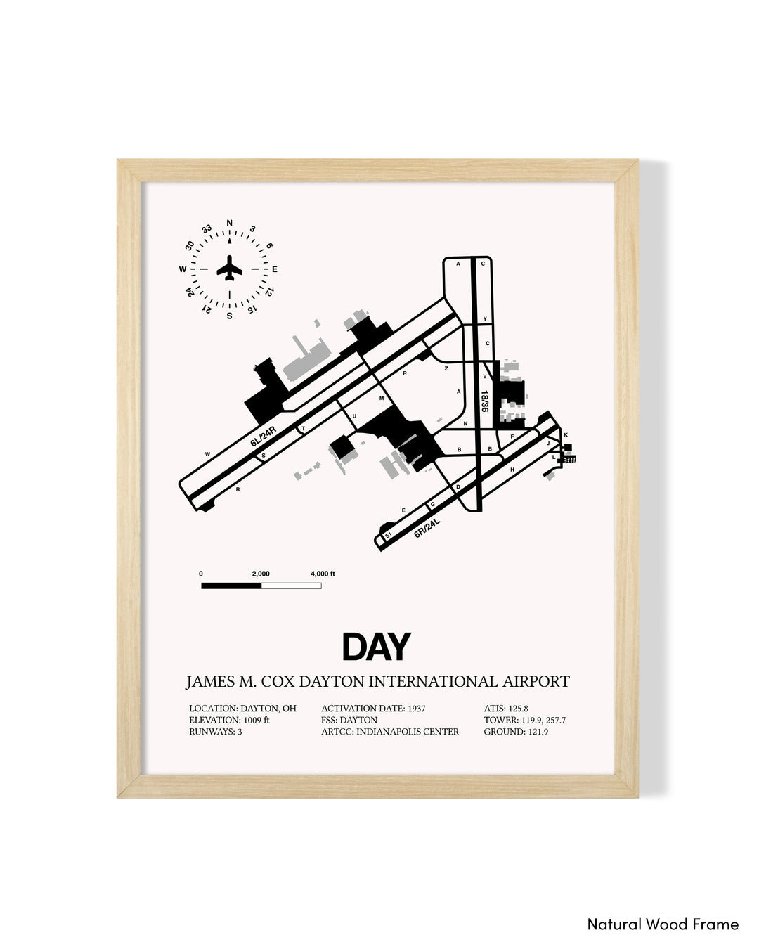 Detailed Airport Map of James M. Cox Dayton International Airport (DAY) in White with a Natural Frame