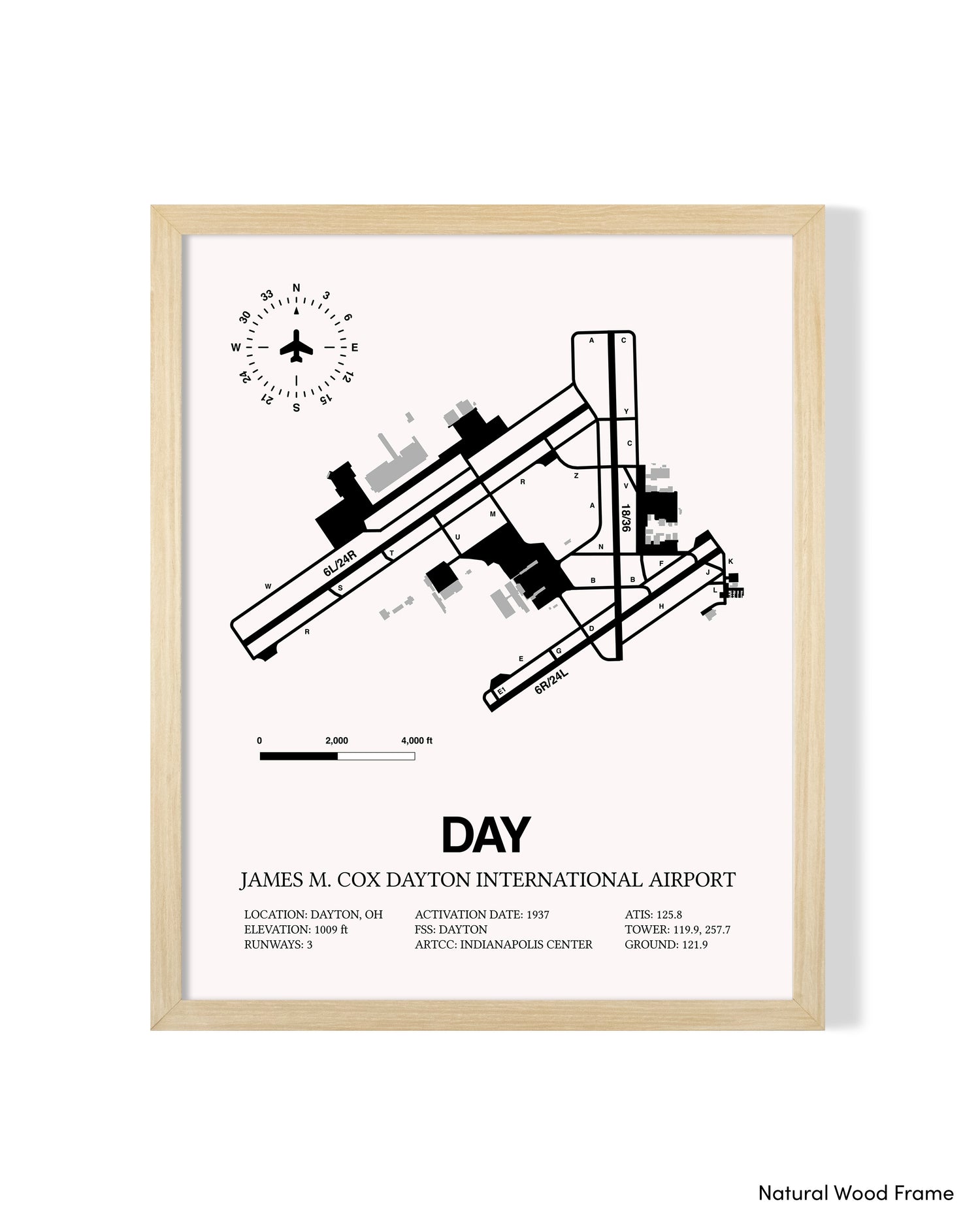 Detailed Airport Map of James M. Cox Dayton International Airport (DAY) in White with a Natural Frame