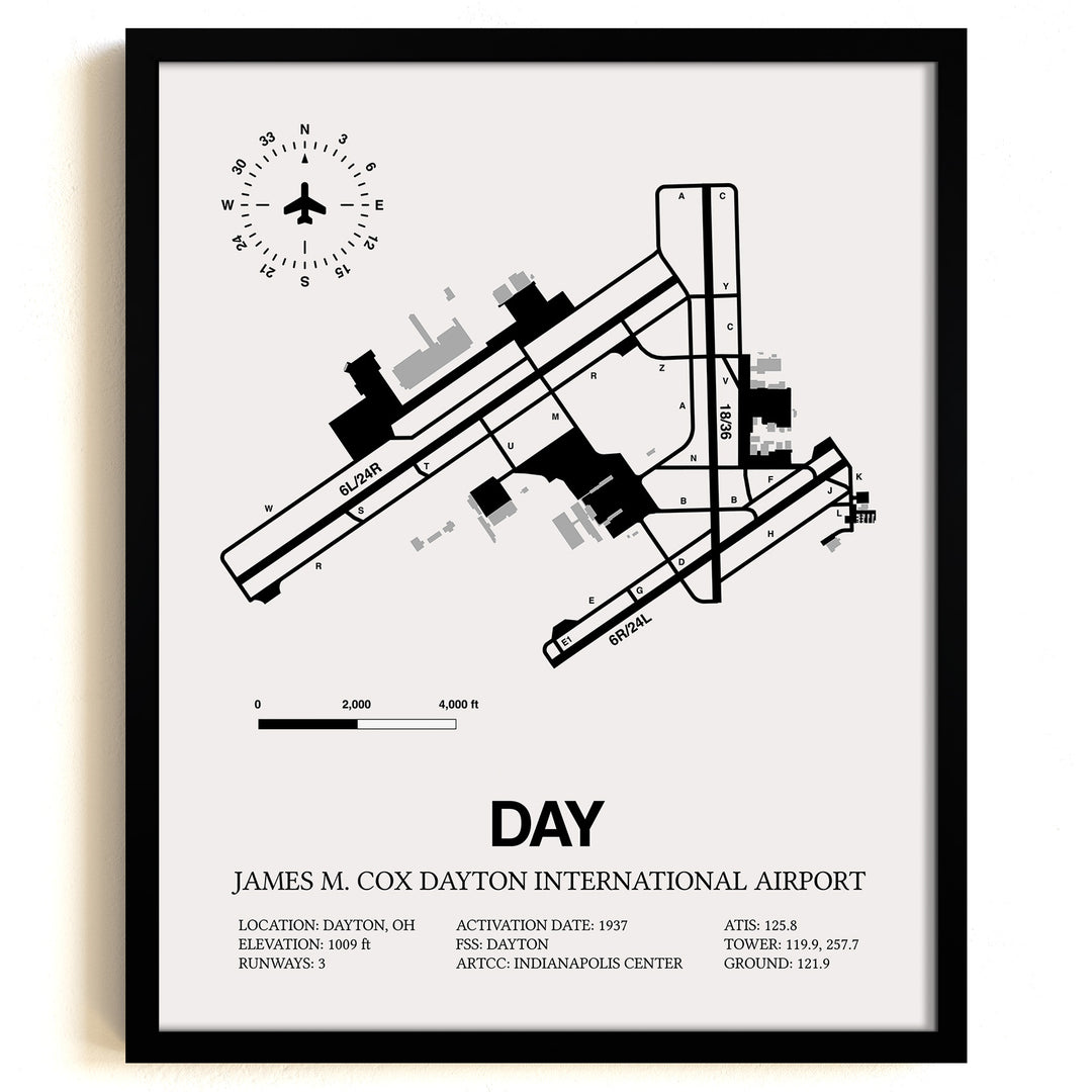 Framed Detailed Airport Map of James M. Cox Dayton International Airport (DAY) in White with a Black Frame