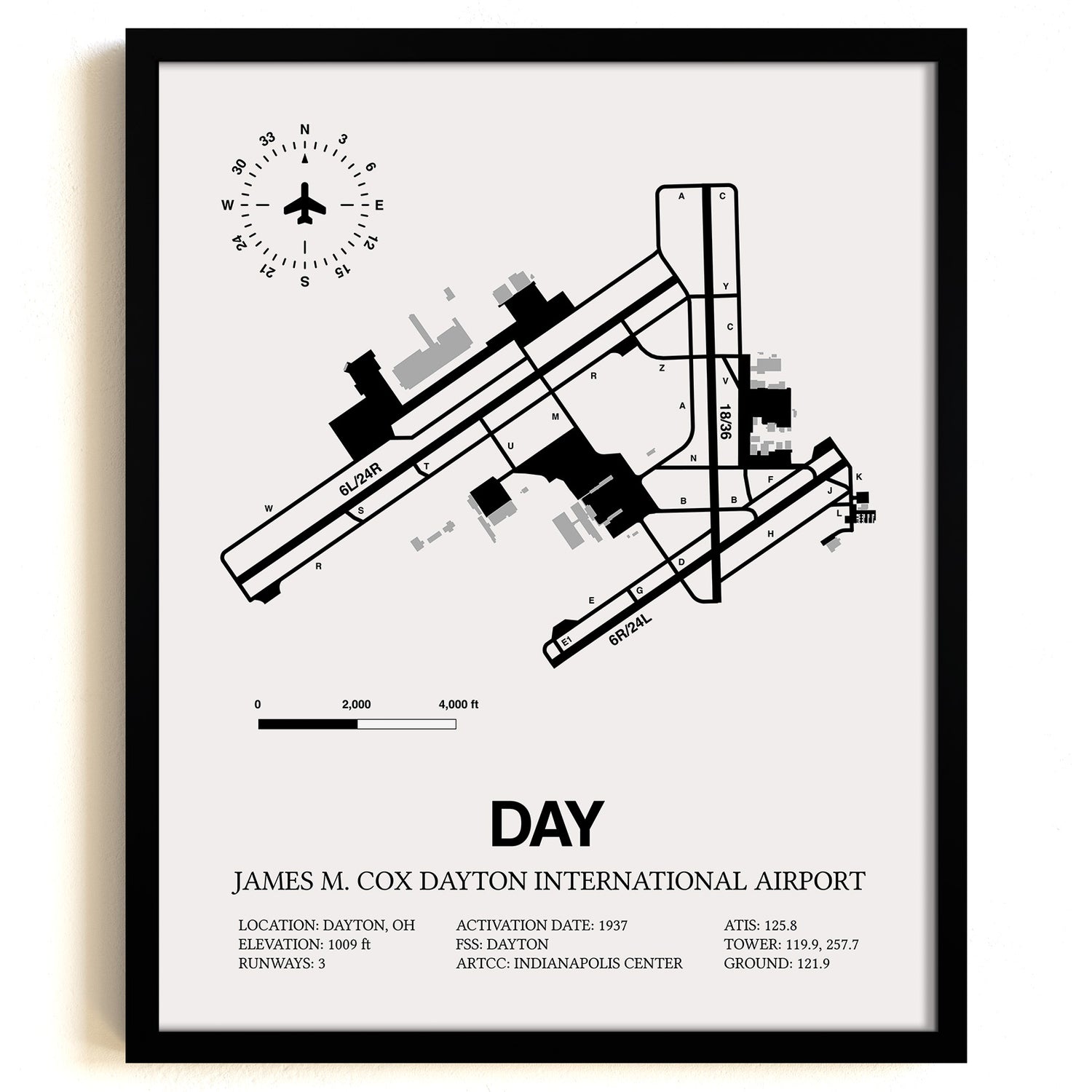 Framed Detailed Airport Map of James M. Cox Dayton International Airport (DAY) in White with a Black Frame
