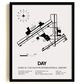 Framed Detailed Airport Map of James M. Cox Dayton International Airport (DAY) in White with a Black Frame