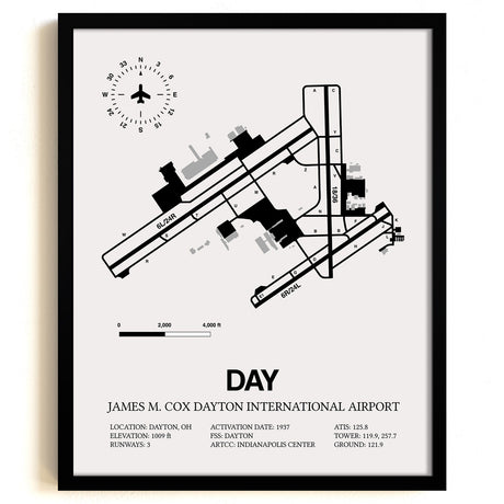 Framed Detailed Airport Map of James M. Cox Dayton International Airport (DAY) in White with a Black Frame