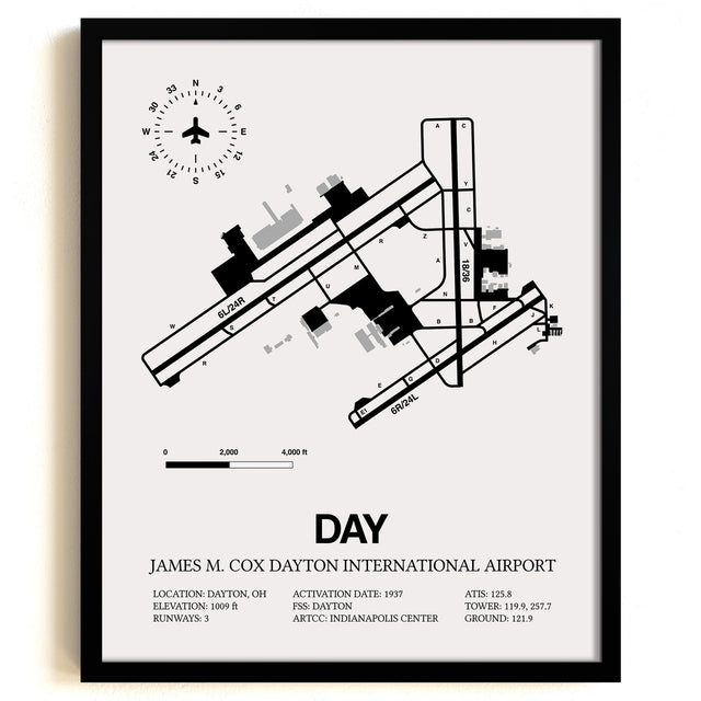 Framed Detailed Airport Map of James M. Cox Dayton International Airport (DAY) in White with a Black Frame
